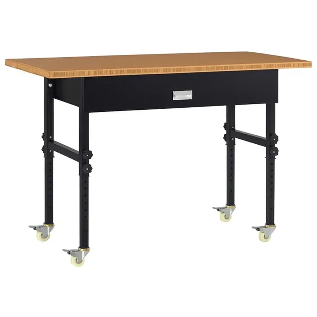 Établi Rectangulaire en Bambou et Métal avec Roulettes-Sofineto