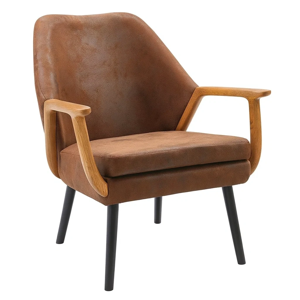 Fauteuil en similicuir marron avec accoudoirs en bois et pieds métalliques-Sofineto