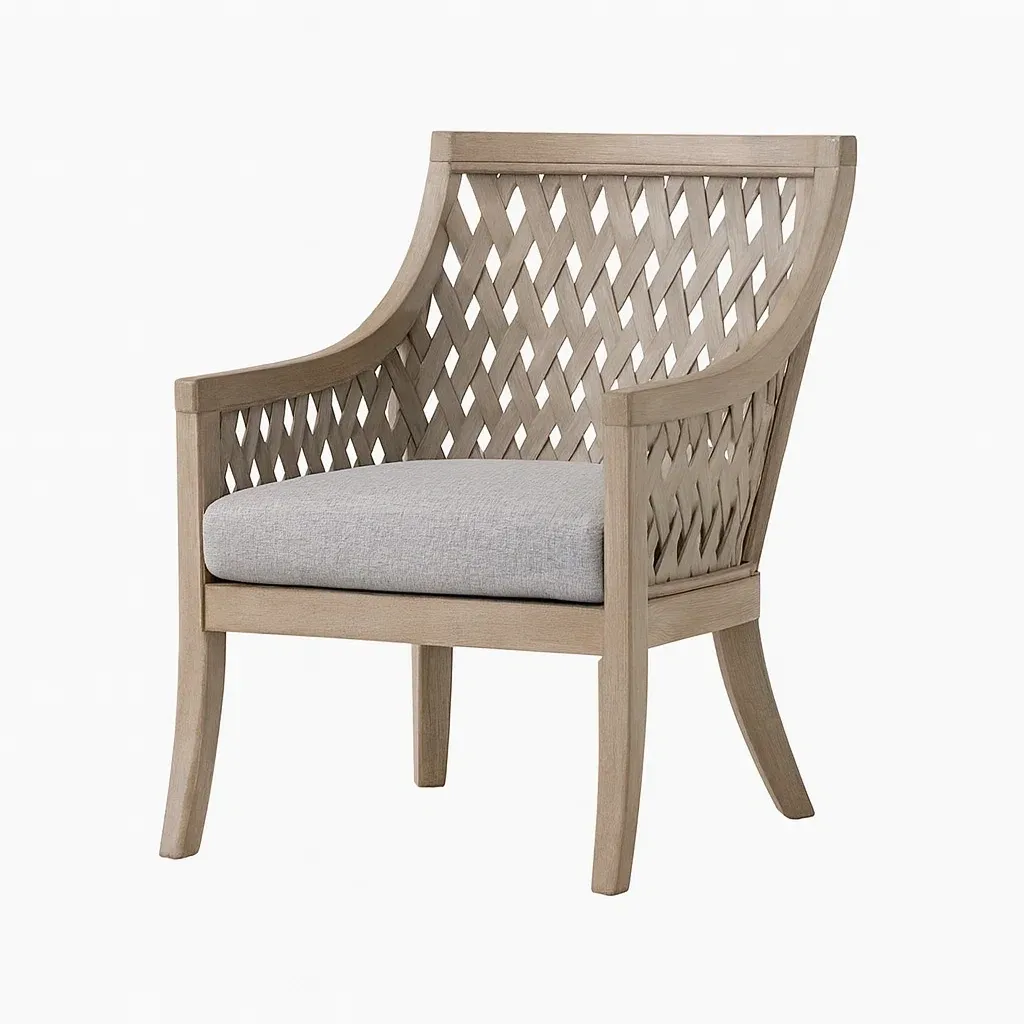 Fauteuil en bois avec dossier entrelacé et coussin en polyester gris-Sofineto