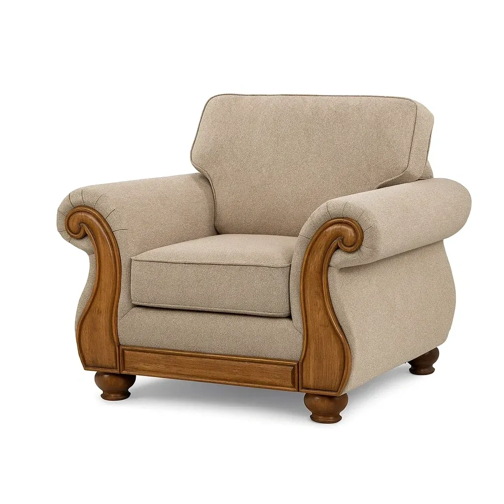 Fauteuil en bois et polyester beige avec accoudoirs sculptés-Sofineto