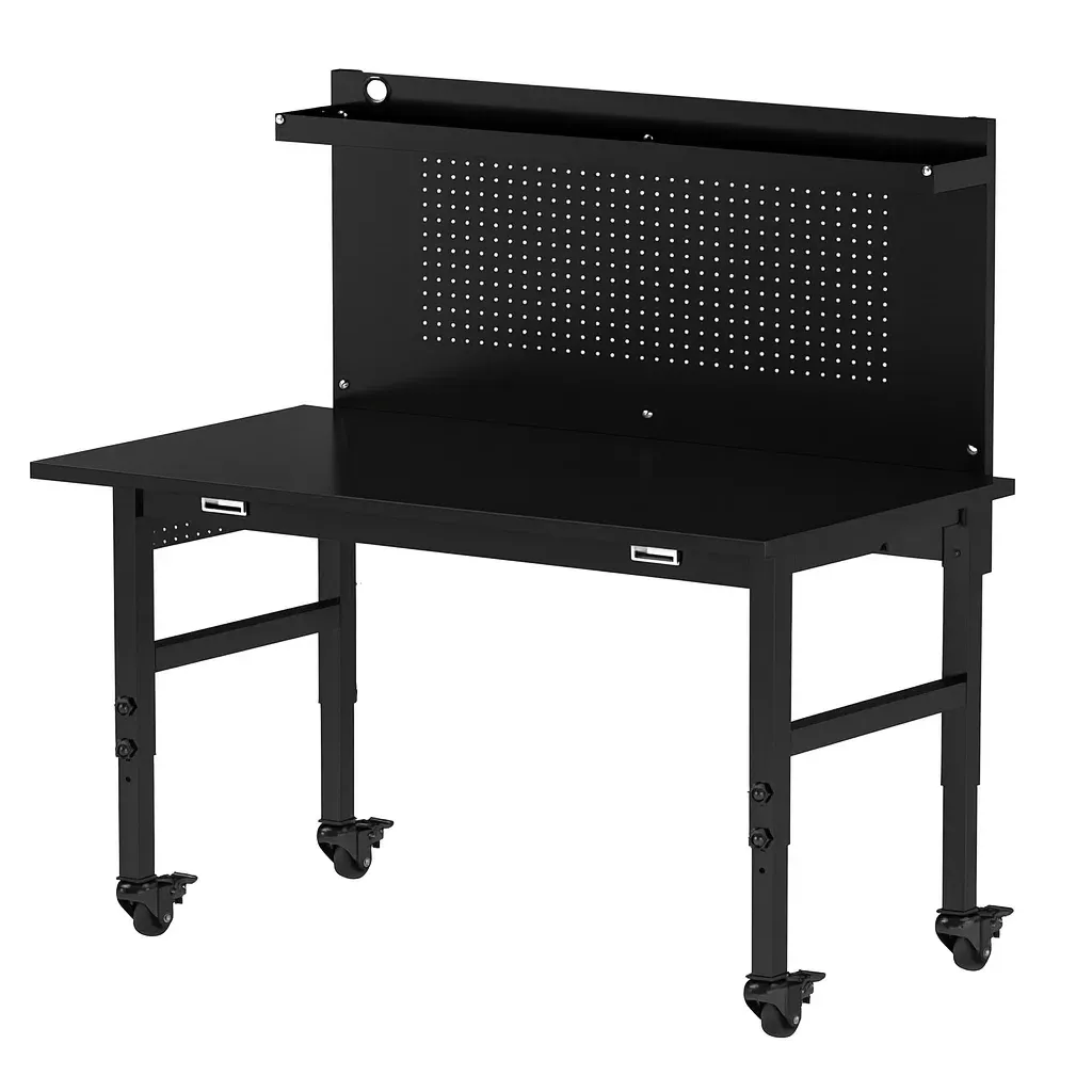 Établi réglable en métal noir avec roulettes et panneau perforé-Sofineto