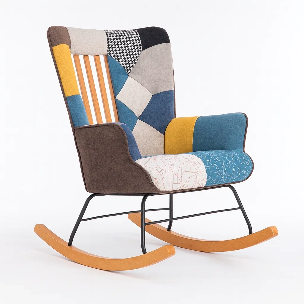Fauteuil à bascule patchwork en tissu et bois-Sofineto