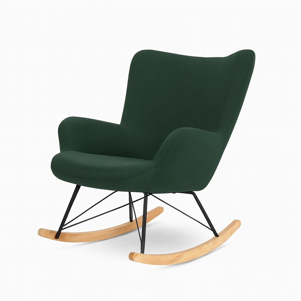 Fauteuil à bascule en tissu vert avec base en bois et métal-Sofineto