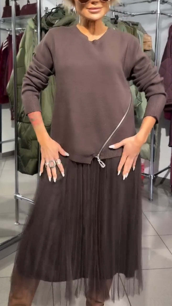 Sukienka damska z bocznym zamkiem błyskawicznym i łatkami