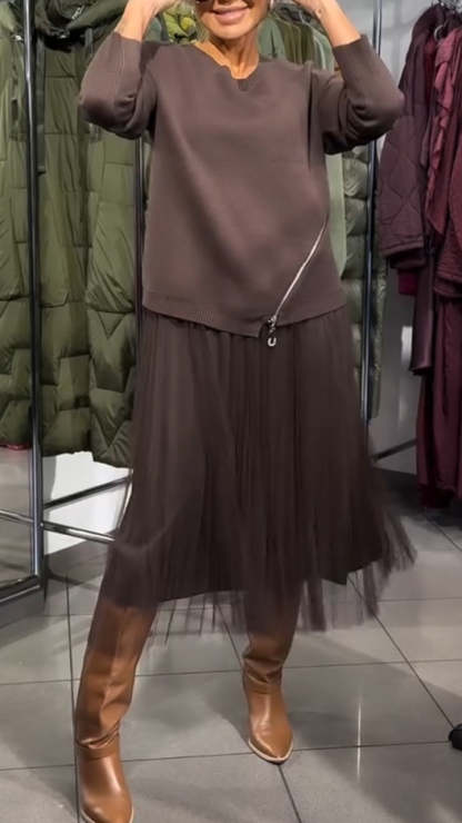 Sukienka damska z bocznym zamkiem błyskawicznym i łatkami