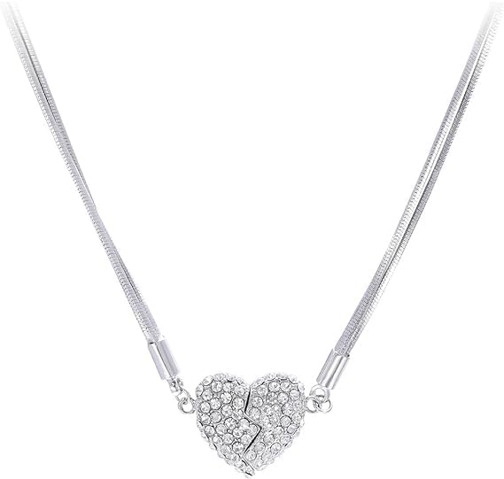 MEONFY Double-Sided Wearing Diamond-Set Love Pendant, Creative Couples Necklace, Cubic Zirconia Heart Shaped Necklace, Fashion Clavicle Chain Necklaces (Silver)