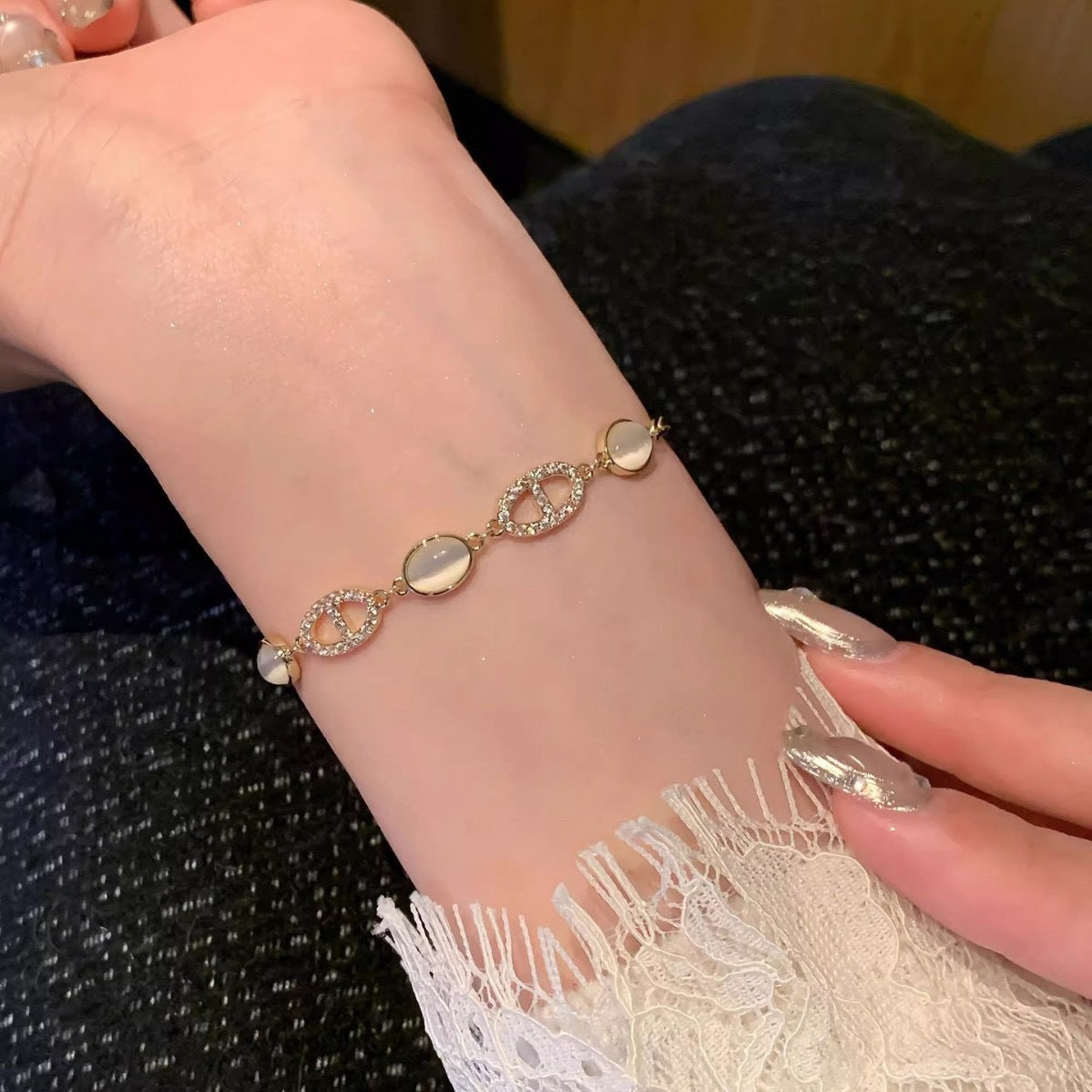 Гривна с диамант и котешко око, сребро 925