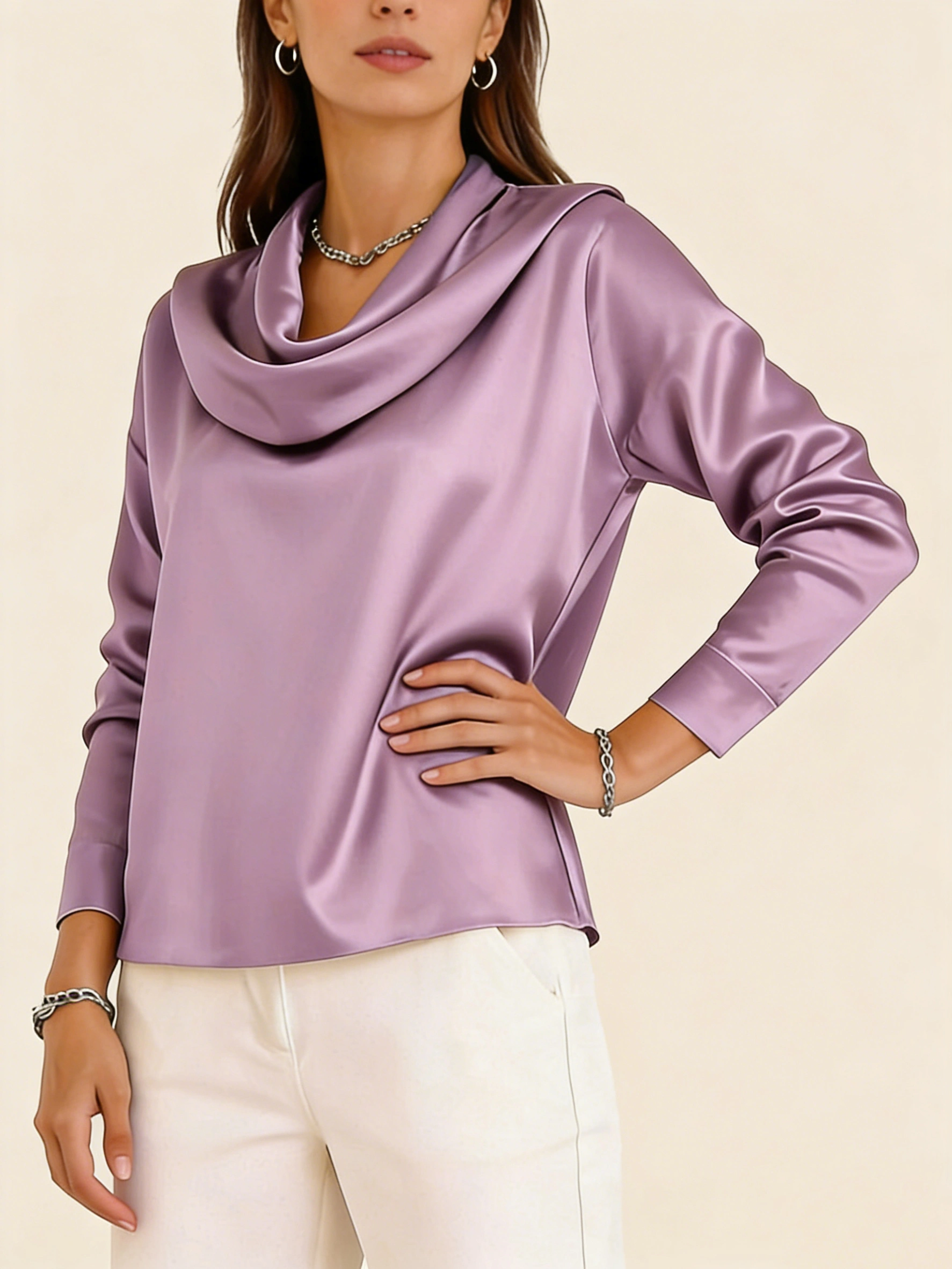 💖✨ Сатенена блуза с плисирана яка и дълъг ръкав – елегантен стил за всеки ден 👗🌸
