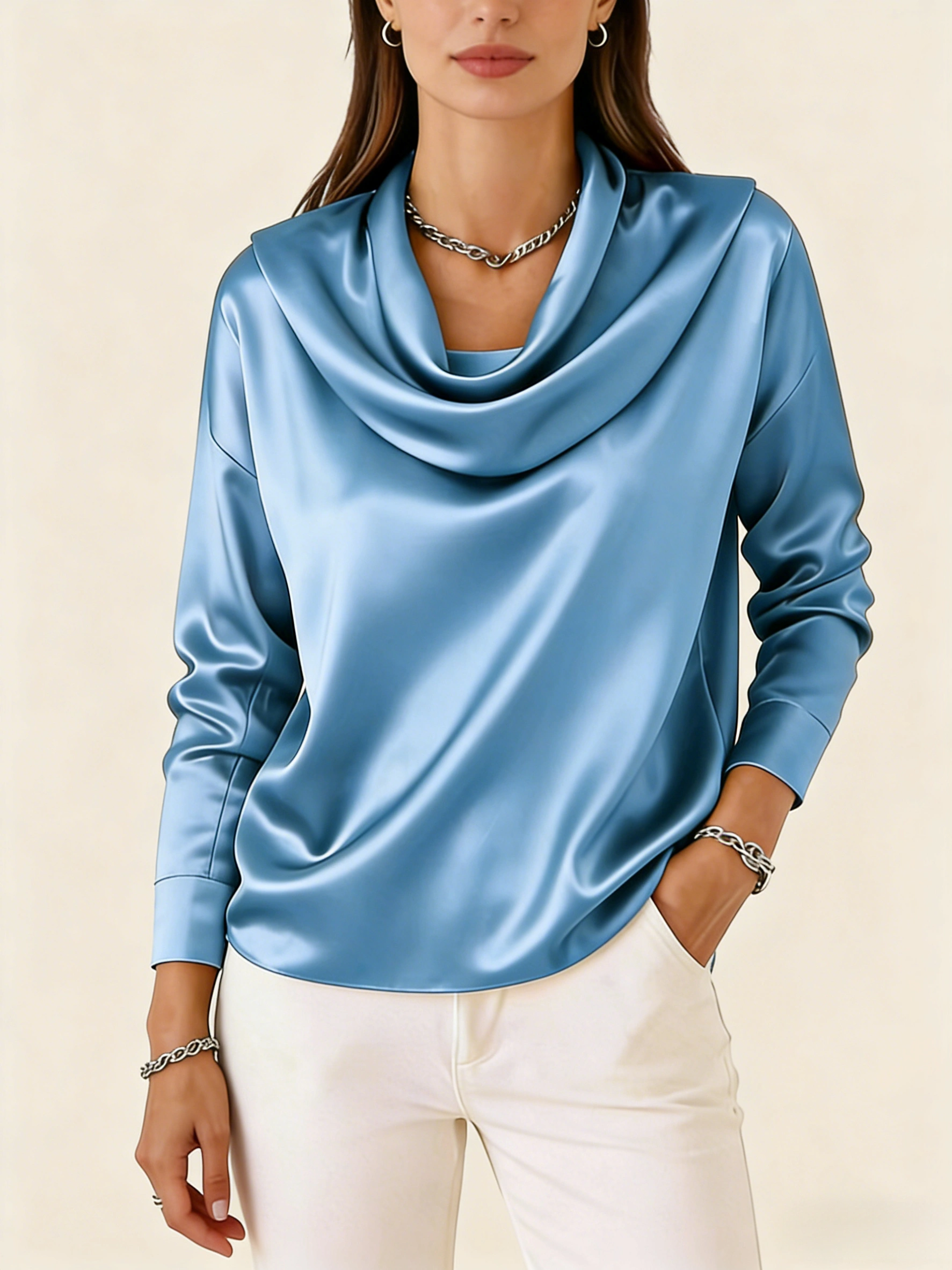 💖✨ Сатенена блуза с плисирана яка и дълъг ръкав – елегантен стил за всеки ден 👗🌸