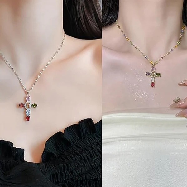 ✨Елегантно цветно кристално колие с кръст – идеален подарък за всяка жена! ✝️