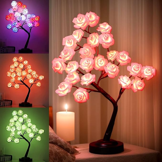 Fanshunlite Rose Flower Tree Lights Table Lamp Decors with 18 Colors Changing, Gift for Halloween Christmas, 24 LEDs Colorful Lighted Bonsai Tree for Home Wedding Party, Red