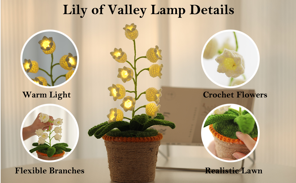 Decorative lily of valley lamp with yellow crocheted flowers, flexible branches, and realistic green leaves in a brown rope-textured pot.