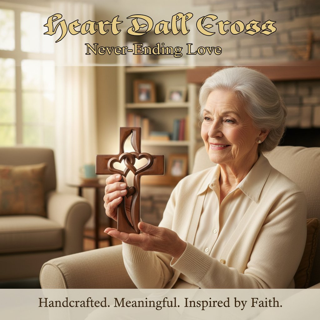 Ръчно изработена дървена стенна декорация с кръстче във форма на сърце.