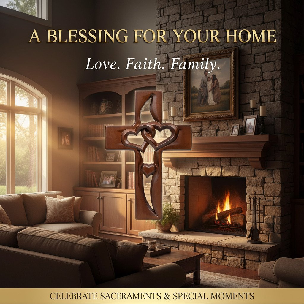 Ръчно изработена дървена стенна декорация с кръстче във форма на сърце.