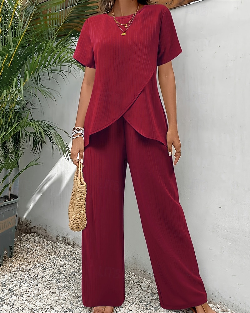 Women's T Shirt Pants Sets Bolero Top Short Sleeve Crew Neck Round Neck Solid Color Fashion Streetwear Daily Outdoor Vacation Red Navy Blue Green Summer Regular Fit Loose Fit 2026 - $13.99 –P1