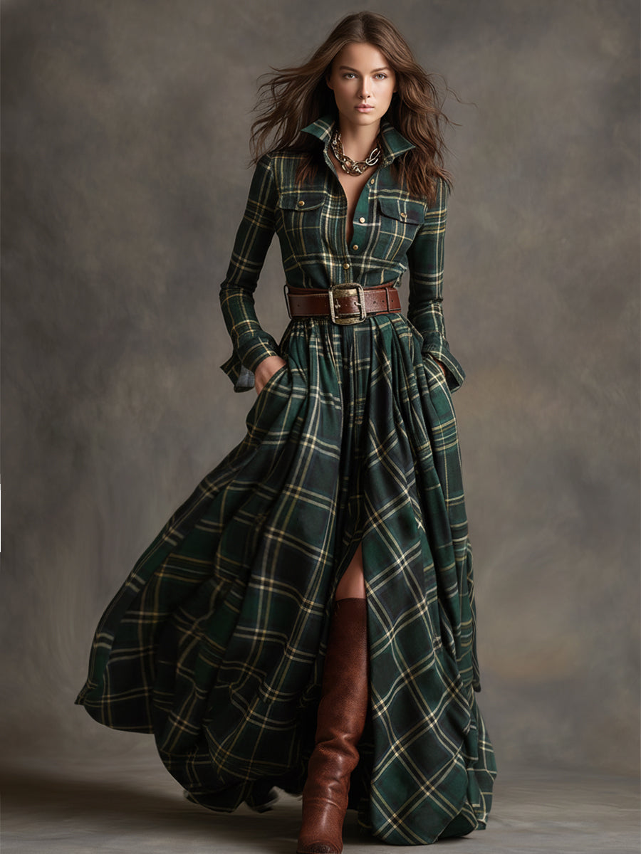 Długa sukienka w kratę w stylu retro z kołnierzykiem w kolorze czerwonobrązowym