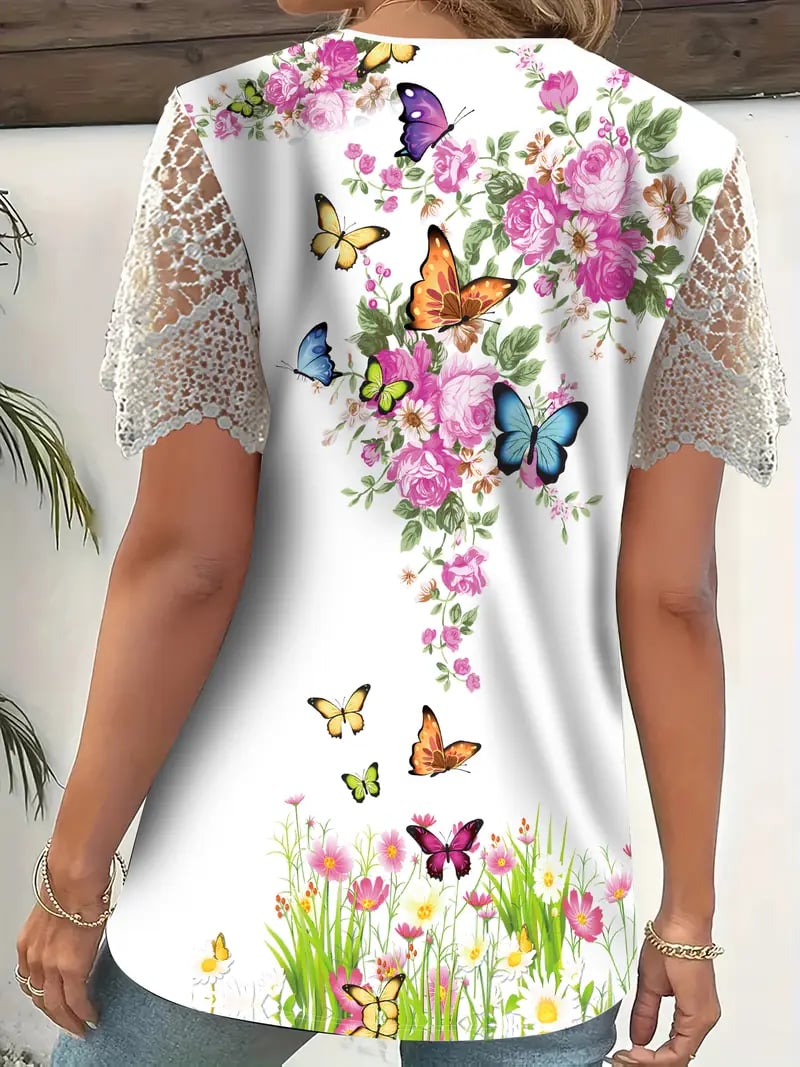 🌸Elegancki top z koronkowym wykończeniem i kwiatowym wzorem motyla🦋