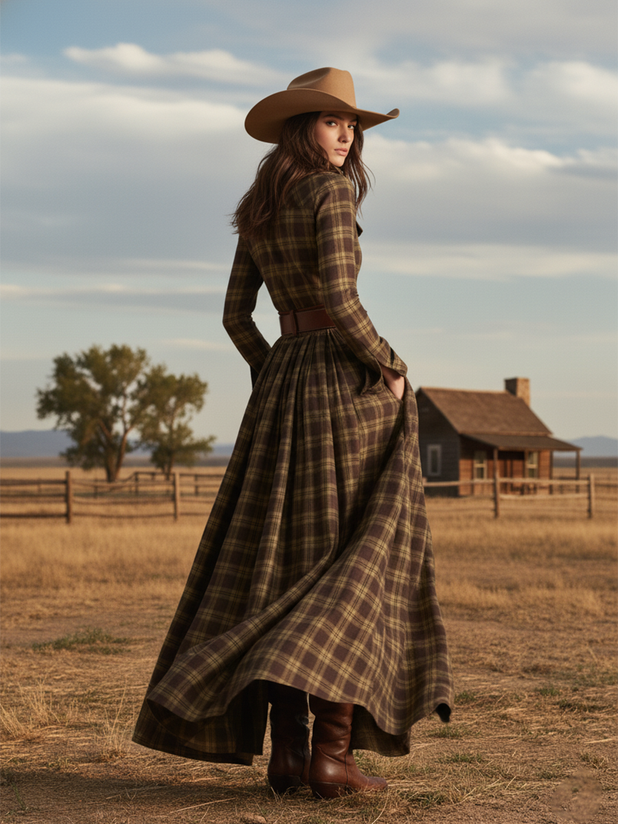 Długa sukienka w kratę w stylu retro z kołnierzykiem w kolorze czerwonobrązowym