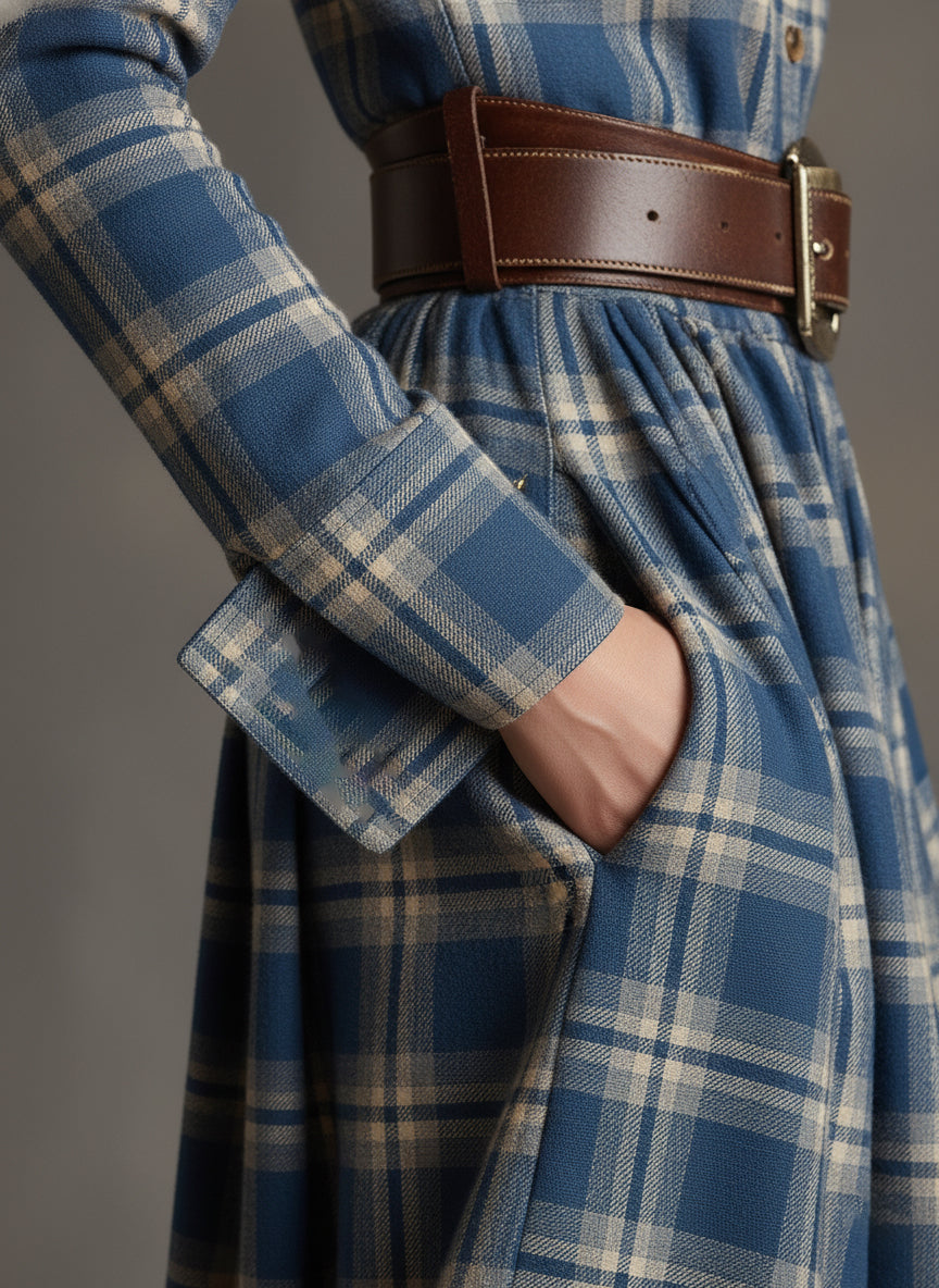 Długa sukienka w kratę w stylu retro z kołnierzykiem w kolorze czerwonobrązowym