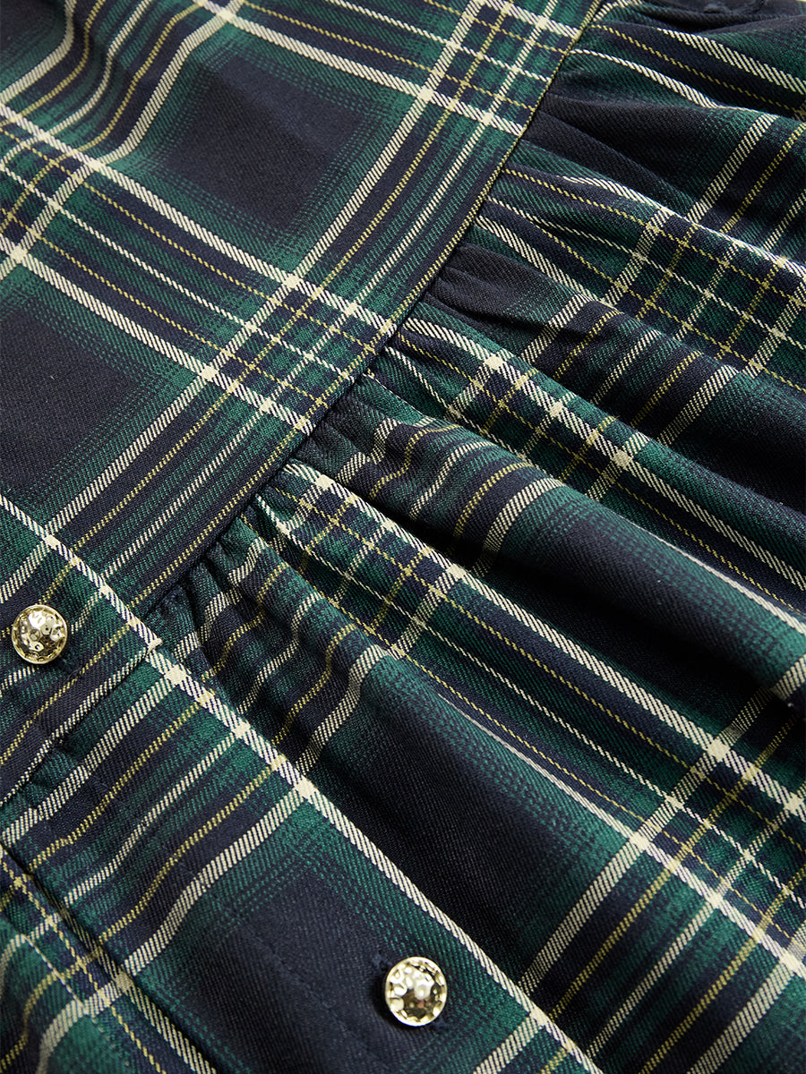 Długa sukienka w kratę w stylu retro z kołnierzykiem w kolorze czerwonobrązowym