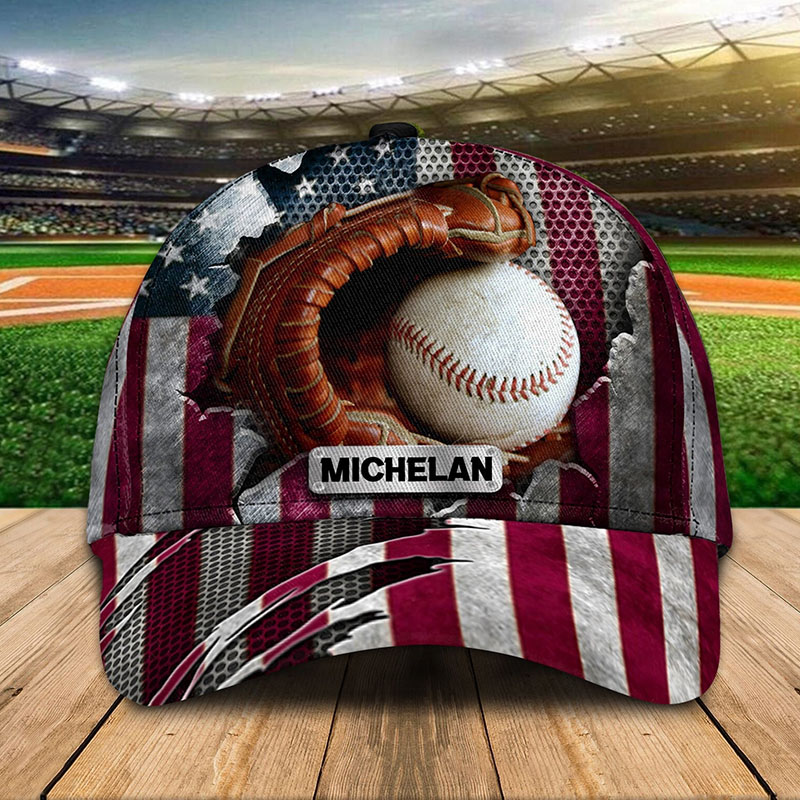 Personalized Baseball Hat Featuring 3D Baseball Glove and American Theme and Custom Name & Number