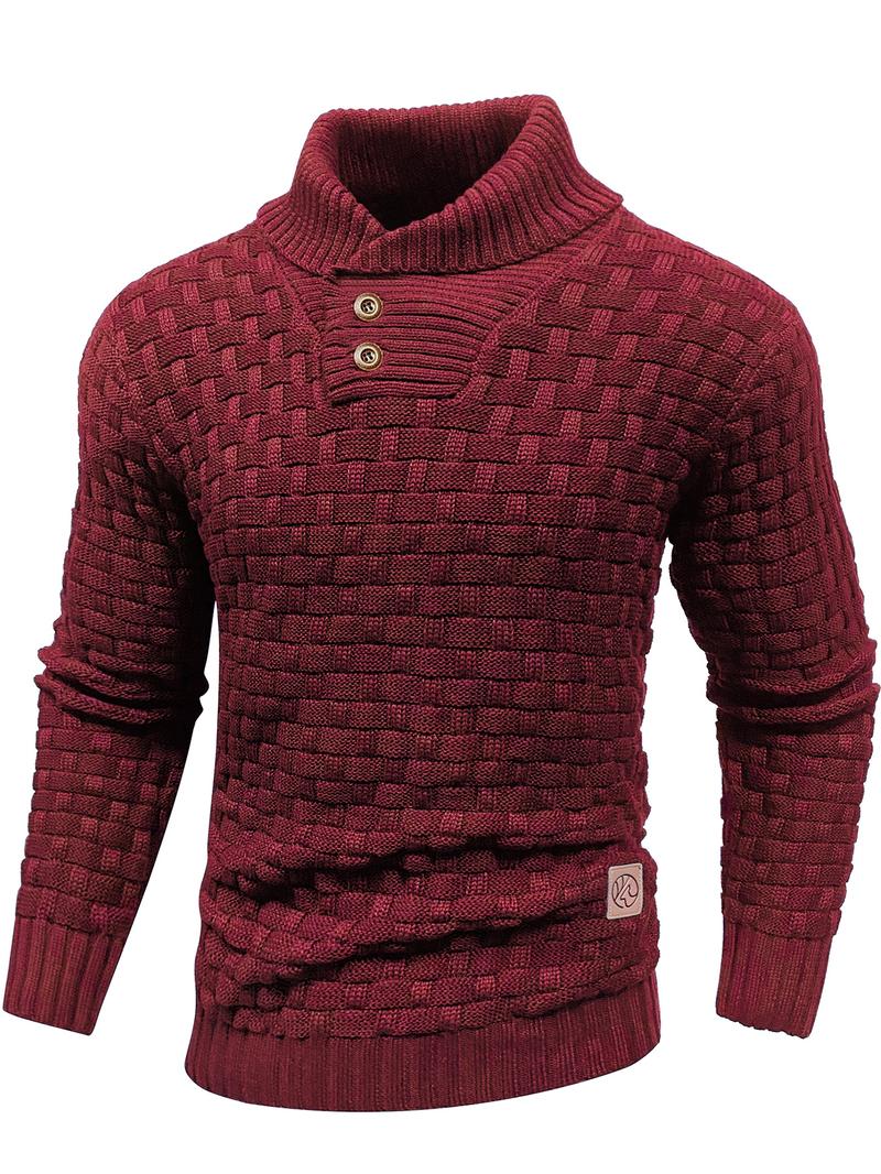 Men's Regular Textured Patched Detail Shawl Collar Sweater, Casual Long Sleeve Jumper for Fall & Winter, Fashion Men's Knitwear for Daily Wear, Longsleeves