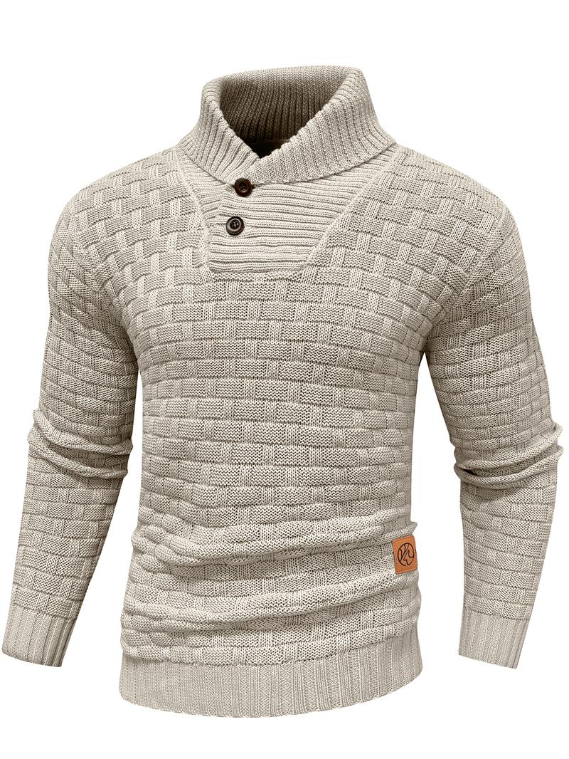 Men's Regular Textured Patched Detail Shawl Collar Sweater, Casual Long Sleeve Jumper for Fall & Winter, Fashion Men's Knitwear for Daily Wear, Longsleeves
