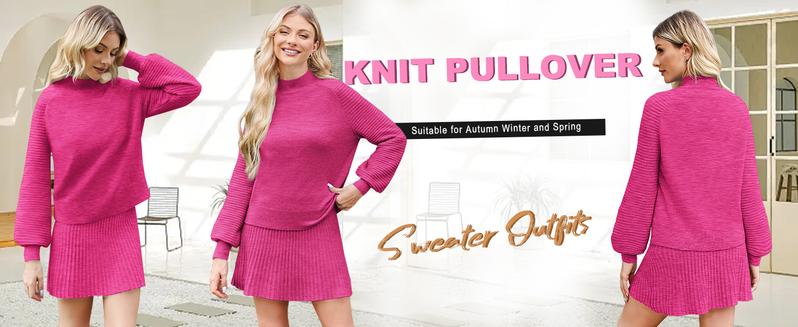 Imily Bela Women's 2 Piece Outfits 2025 Long Sleeve Mock Neck Ribbed Sweaters And Mini Skirt Two Piece Sets