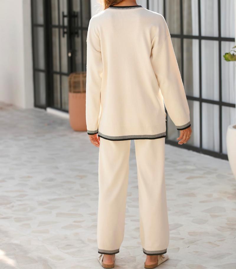 DUTUT Women's 2-Piece Sets Outfits Chic Comfortable Elastic Loungewear Crew Neck Pajama Matching Sweatsuit Set Casual Sweater High Waist Loose Fit Soft Stretchy Fabric Viscose Homewear Pjs