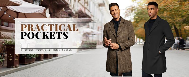 COOFANDY Fall Outfits Mens Wool Blend Coat Winter Trench Coats Notched Lapel Collar Single Breasted Overcoat Classic Peacoat With Pockets Menswear Casual