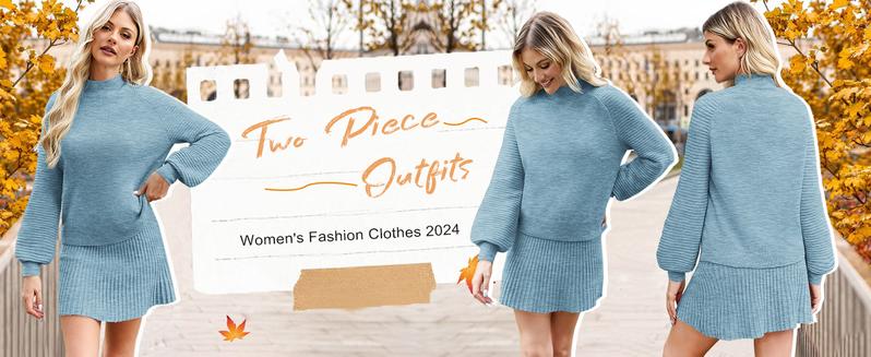 Imily Bela Women's 2 Piece Outfits 2025 Long Sleeve Mock Neck Ribbed Sweaters And Mini Skirt Two Piece Sets