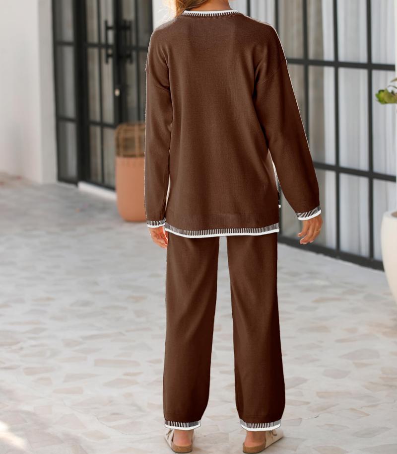 DUTUT Women's 2-Piece Sets Outfits Chic Comfortable Elastic Loungewear Crew Neck Pajama Matching Sweatsuit Set Casual Sweater High Waist Loose Fit Soft Stretchy Fabric Viscose Homewear Pjs