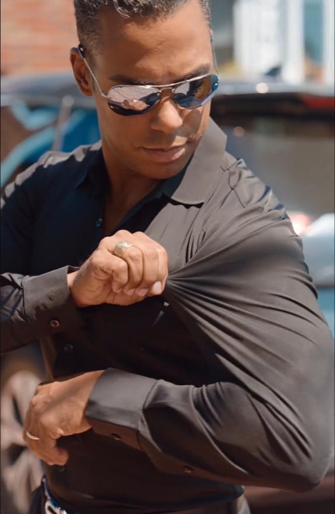 Elencoco Men's Super Stretchy Dress Shirt Quick-Drying Breathable Anti-Wrinkle Muscle Slim Long-Sleeved Business Sports Casual Black Top Outdoorfun Beige Fabric,Father's Day Gift Workwear Menswear