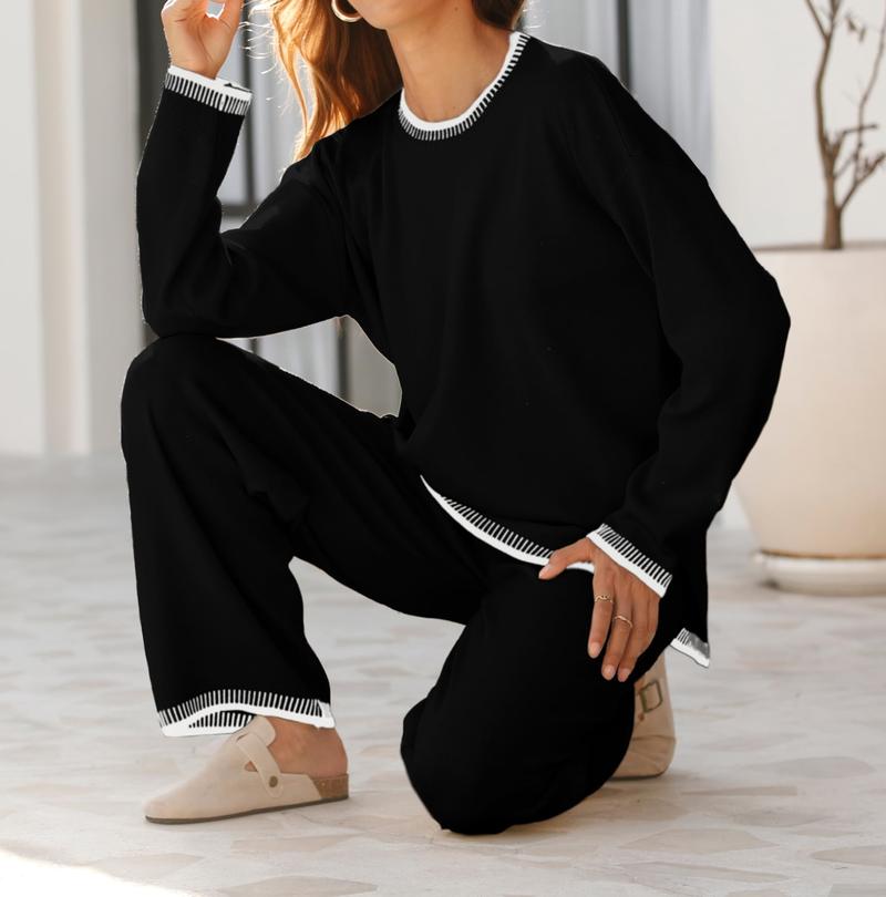 DUTUT Women's 2-Piece Sets Outfits Chic Comfortable Elastic Loungewear Crew Neck Pajama Matching Sweatsuit Set Casual Sweater High Waist Loose Fit Soft Stretchy Fabric Viscose Homewear Pjs