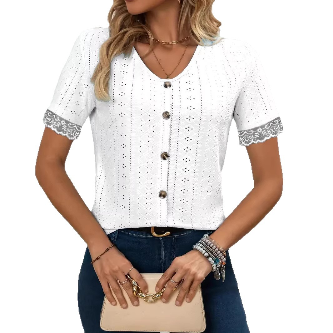 Spring/Summer 2026 Breathable T-Shirts: Jacquard Cutouts, V-Neck with Buttons, Lace Paneling
