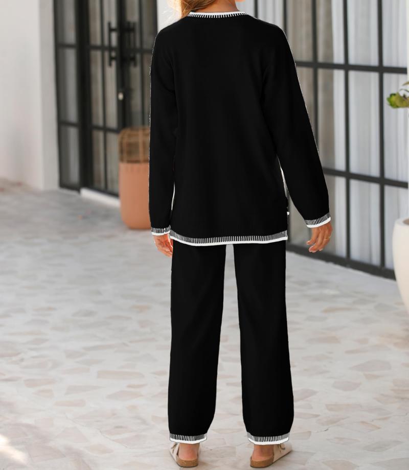 DUTUT Women's 2-Piece Sets Outfits Chic Comfortable Elastic Loungewear Crew Neck Pajama Matching Sweatsuit Set Casual Sweater High Waist Loose Fit Soft Stretchy Fabric Viscose Homewear Pjs