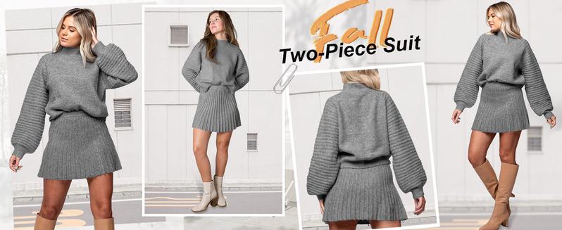 Imily Bela Women's 2 Piece Outfits 2025 Long Sleeve Mock Neck Ribbed Sweaters And Mini Skirt Two Piece Sets