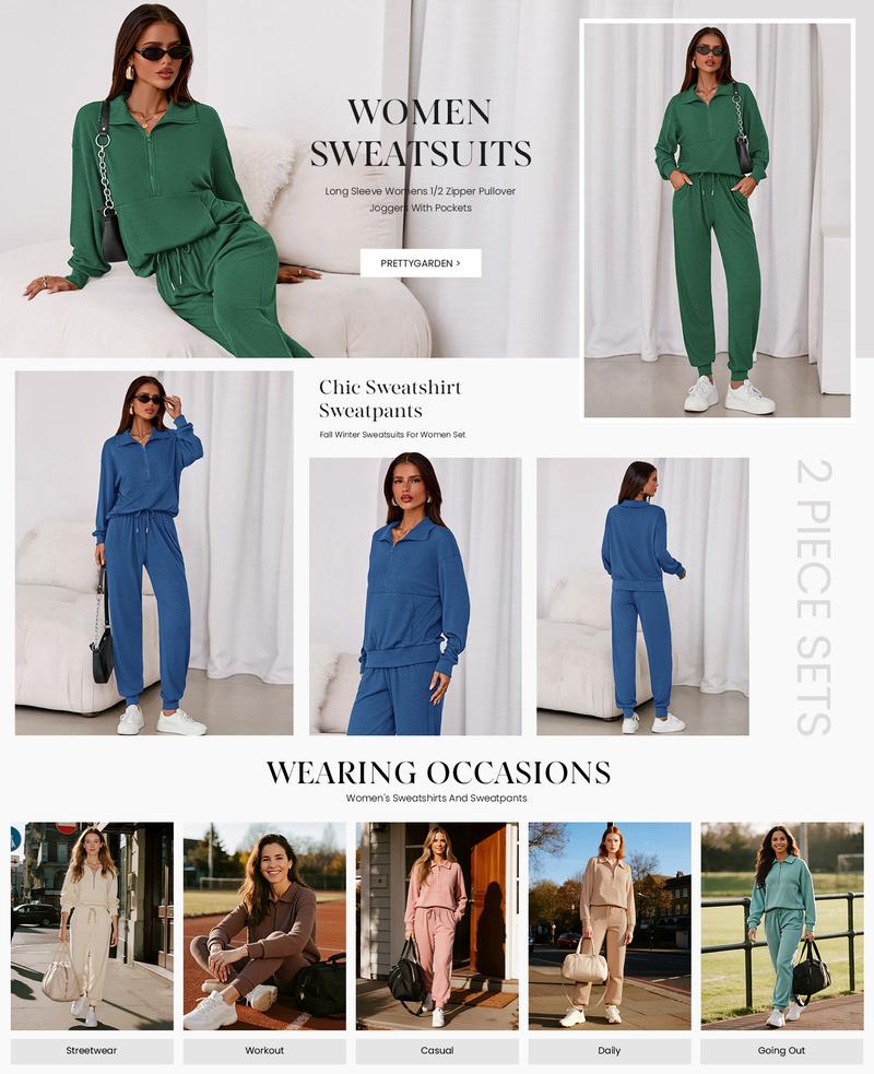 PRETTYGARDEN Women's 2-Piece Sweatpants Set Long Sleeve Half Zip Pullover Sweatshirt & Joggers Pants Comfy Outfits Soft Tracksuit for Yoga Gym Activewear with Front Pocket & Elastic Waistband - Sweatsuit Loose