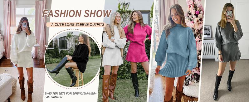 Imily Bela Women's 2 Piece Outfits 2025 Long Sleeve Mock Neck Ribbed Sweaters And Mini Skirt Two Piece Sets