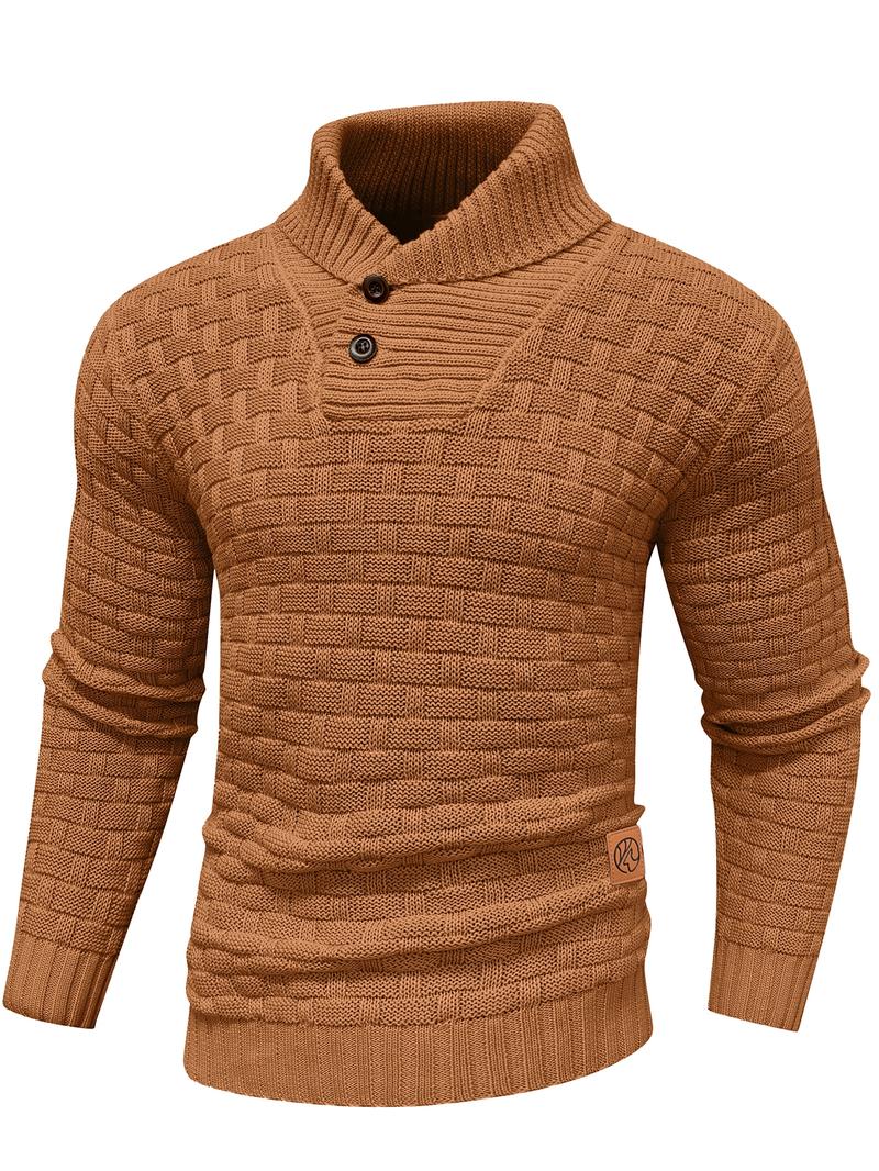 Men's Regular Textured Patched Detail Shawl Collar Sweater, Casual Long Sleeve Jumper for Fall & Winter, Fashion Men's Knitwear for Daily Wear, Longsleeves