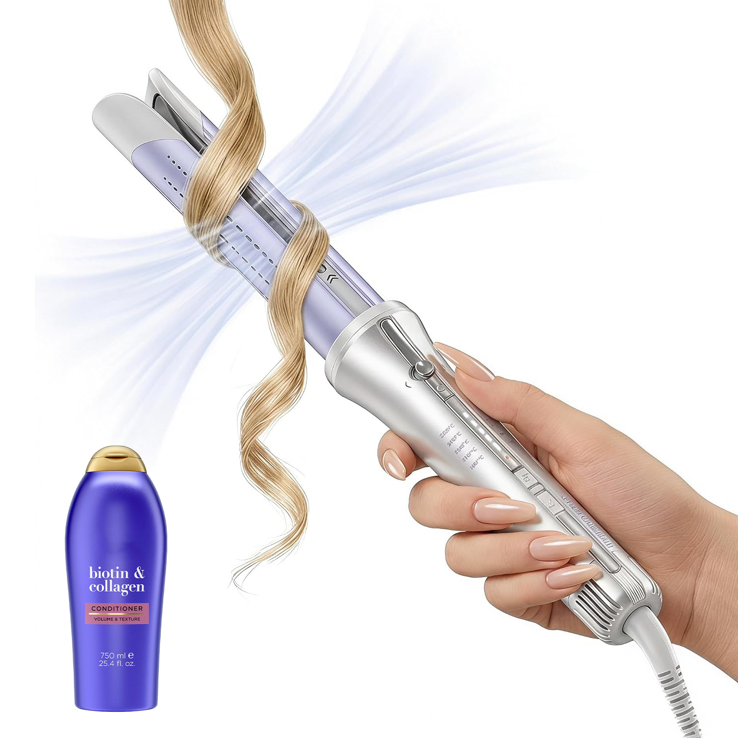 One Touch Airflow Styler Pro 1/1.25 Inch Automatic Rotating Curling Iron with 3.0 Cool Air Technology, 5 Temperature Settings, No-Wait Styling, Bouncy Long-Lasting Curls, Zero Burn Risk, Includes Free Conditioner