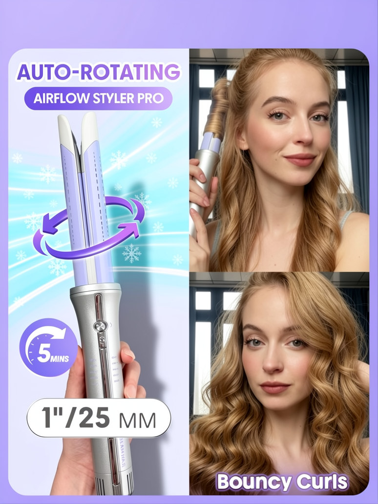 One Touch Airflow Styler Pro 1/1.25 inch Automatic Rotating 3.0 Cool Air Technology for No-Wait, Curling Iron, Bouncy & Long-Lasting Curls, Zero Burn Risk, 5 Temp Settings