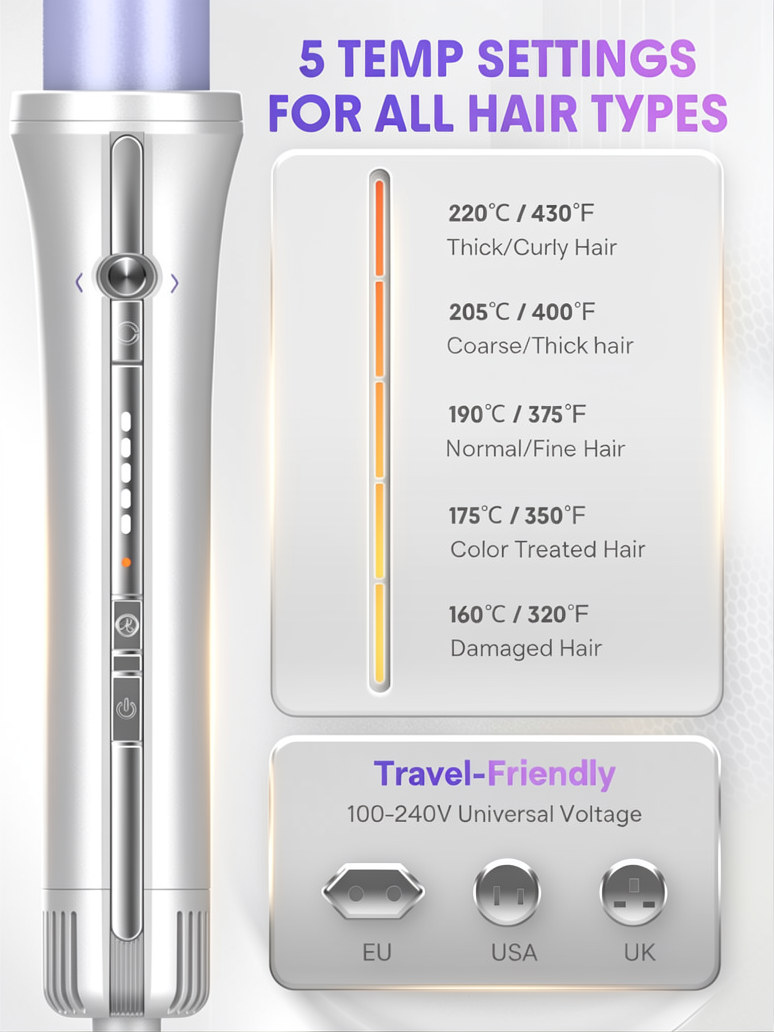 One Touch Airflow Styler Pro 1/1.25 inch Automatic Rotating 3.0 Cool Air Technology for No-Wait, Curling Iron, Bouncy & Long-Lasting Curls, Zero Burn Risk, 5 Temp Settings