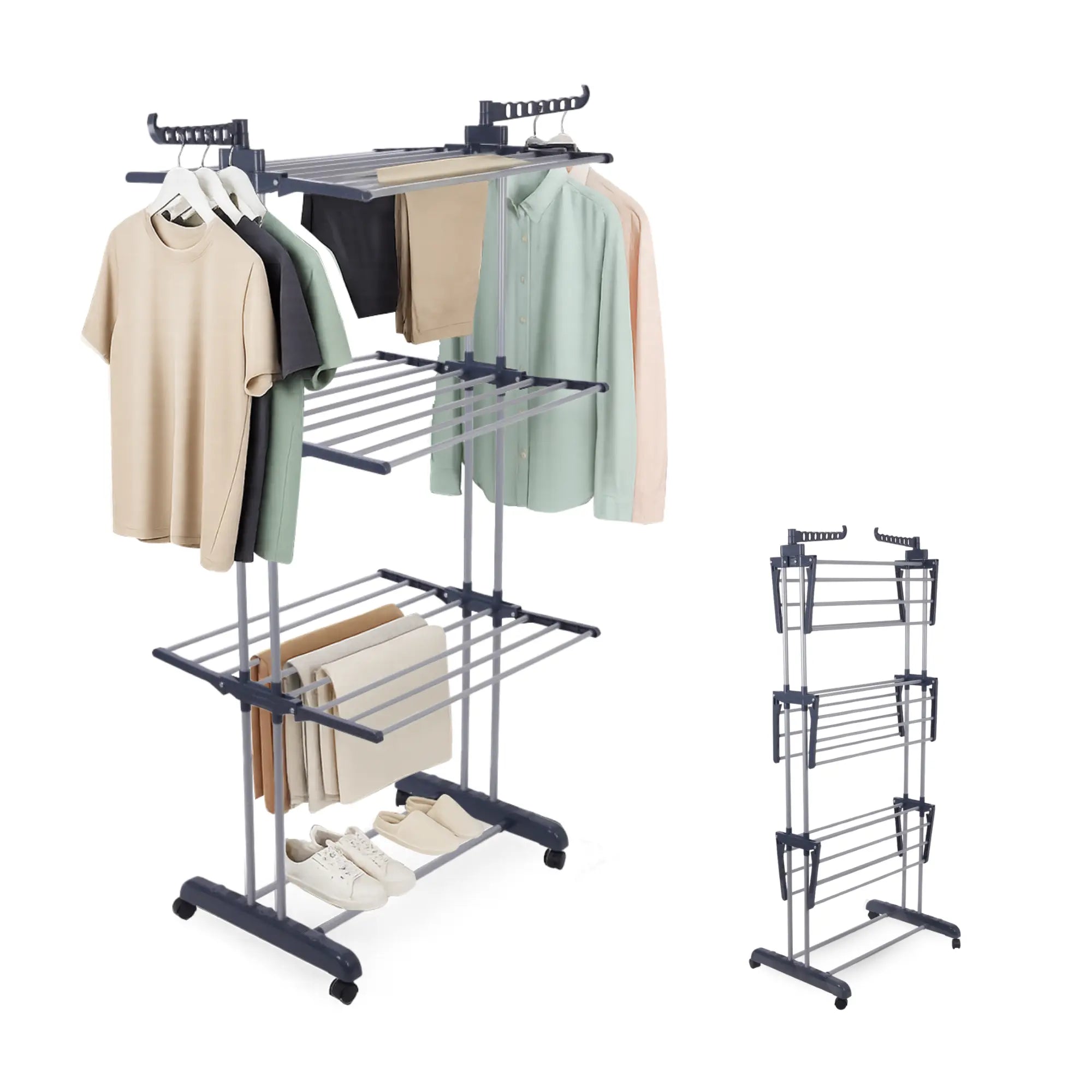 4-Tier GRS Certified Recycled Foldable Clothes Drying Rack with Mobile Wheels