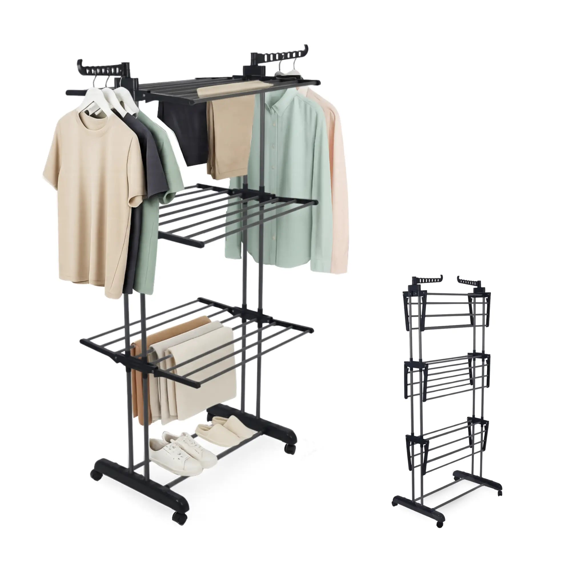 4-Tier GRS Certified Recycled Foldable Clothes Drying Rack with Mobile Wheels