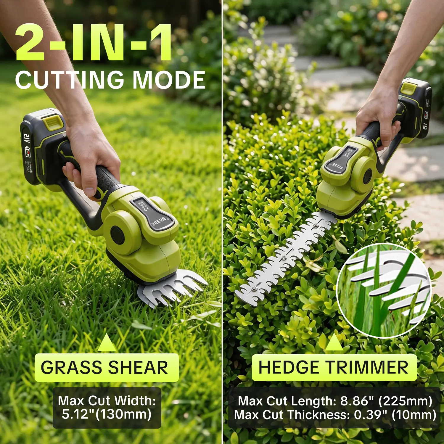 【FathersDayGift】SEESE Cordless 2-in-1 Grass Shear & Shrub Trimmer, Handheld Electric Hedge Trimmer, 2*21V Batteries,Lightweight for Lawn Hedge Garden Yard Maintenance fathersdaygift