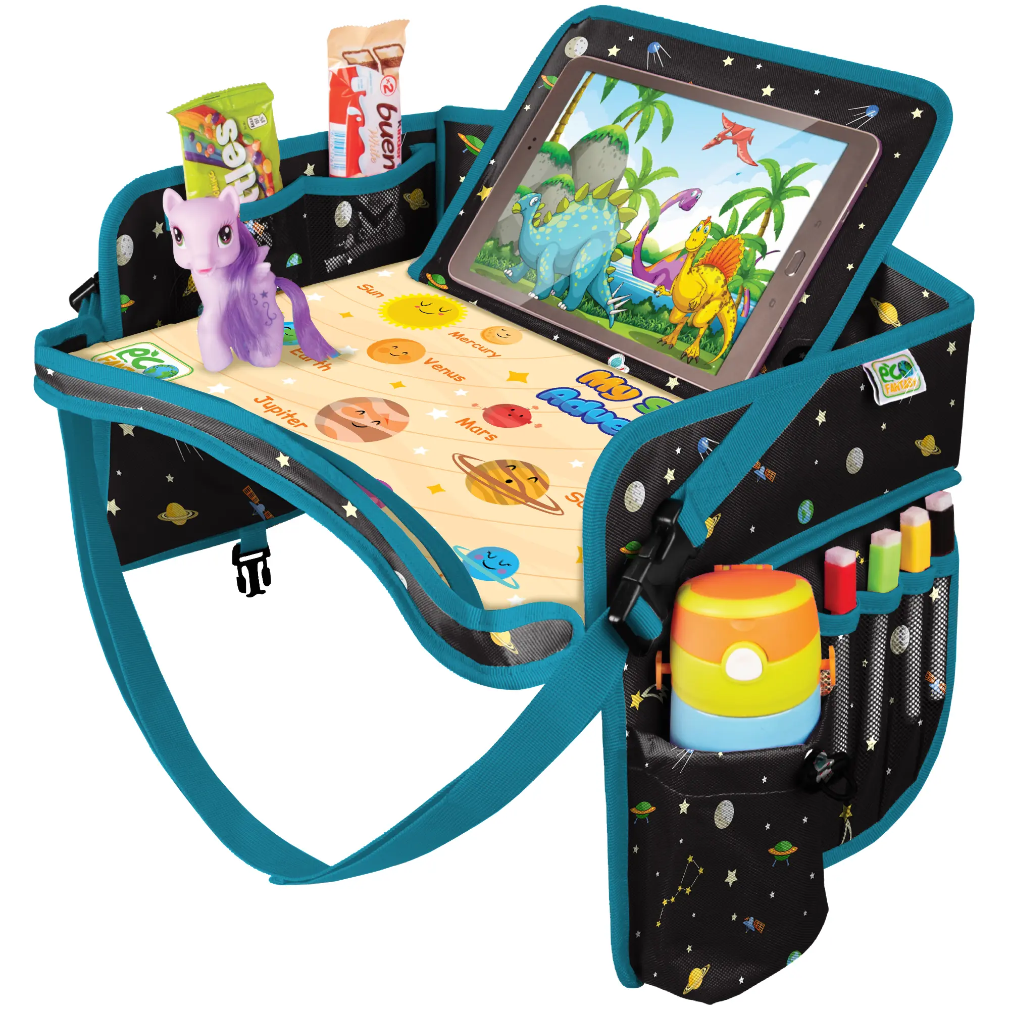 ECOFANTASY Kids Travel Tray - Waterproof Carseat Table Top - Car Seat Tray for Toddler - Travel and Road Trip Essentials Kids - Lap Desk with Storage - Best Toddler Christmas Gift - Black Friday Cyber Monday