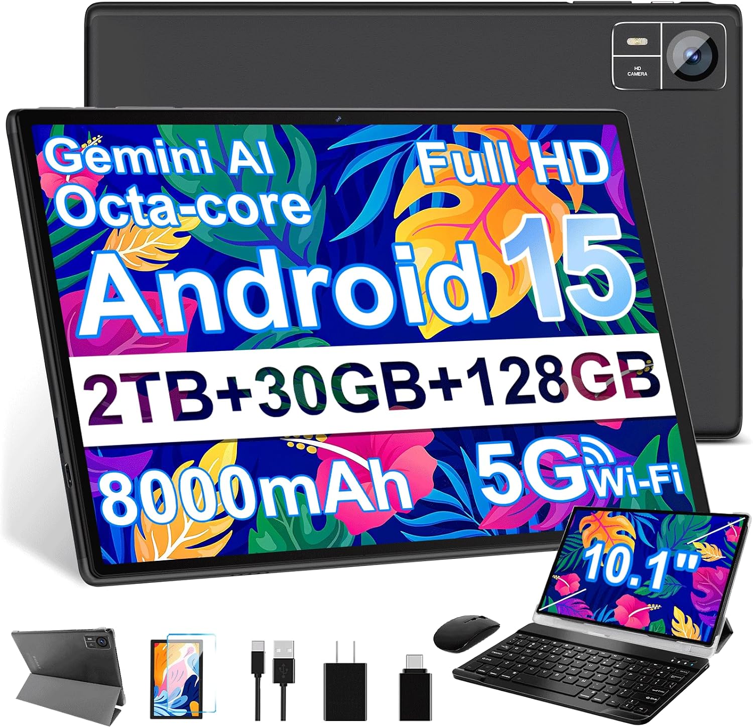 Android 15 Tablet 30GB RAM 128GB ROM 2TB Expand, 10.1 Inch Tablets with Keyboard Mouse, Octa-Core, 8000mAh, HD IPS Display, 5G WiFi BT 5.0 GPS, Widevine L1, Gemini AI, Dual Camera 