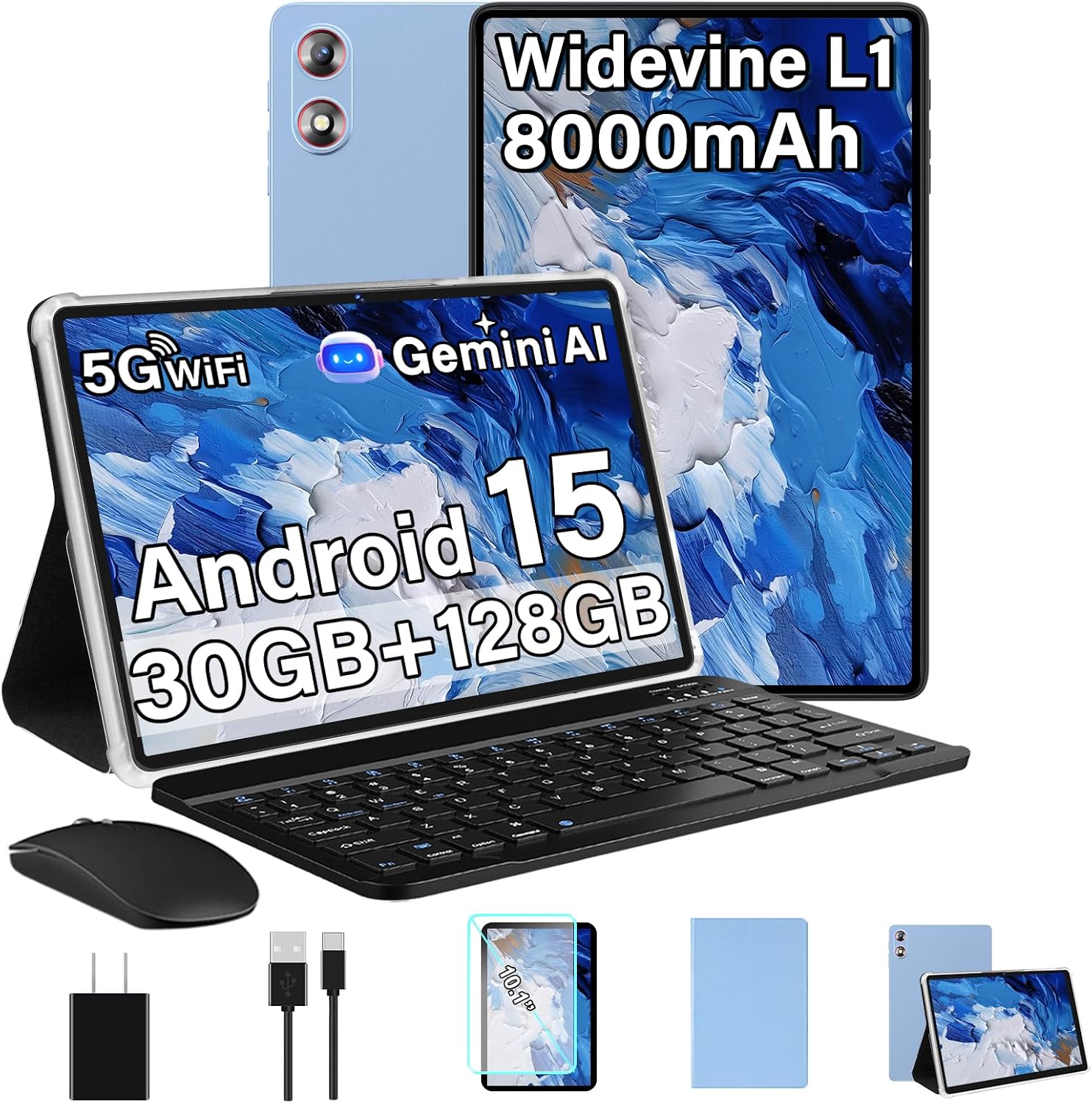 Android 15 Tablet 30GB RAM 128GB ROM 2TB Expand, 10.1 Inch Tablets with Keyboard Mouse, Octa-Core, 8000mAh, HD IPS Display, 5G WiFi BT 5.0 GPS, Widevine L1, Gemini AI, Dual Camera 