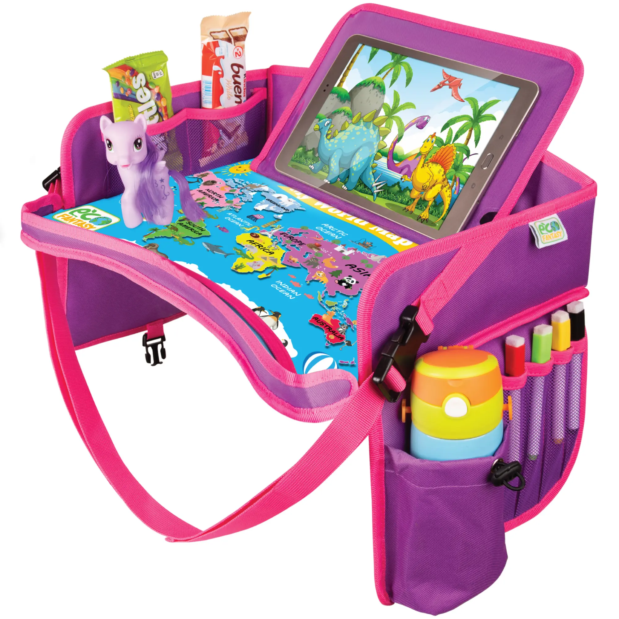 ECOFANTASY Kids Travel Tray - Waterproof Carseat Table Top - Car Seat Tray for Toddler - Travel and Road Trip Essentials Kids - Lap Desk with Storage - Best Toddler Christmas Gift - Black Friday Cyber Monday
